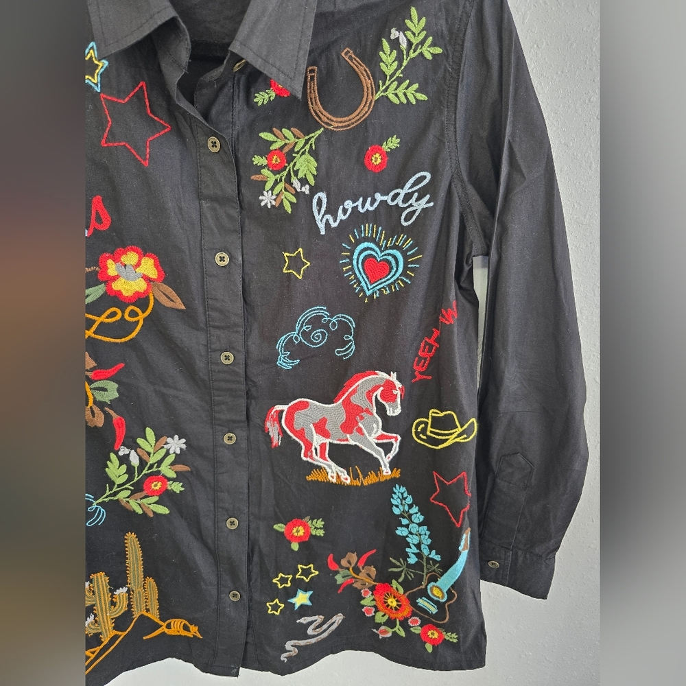 Avani Texas Western Rodeo Embroidered Black Button-Dow Top Size Small - Picture 4 of 11